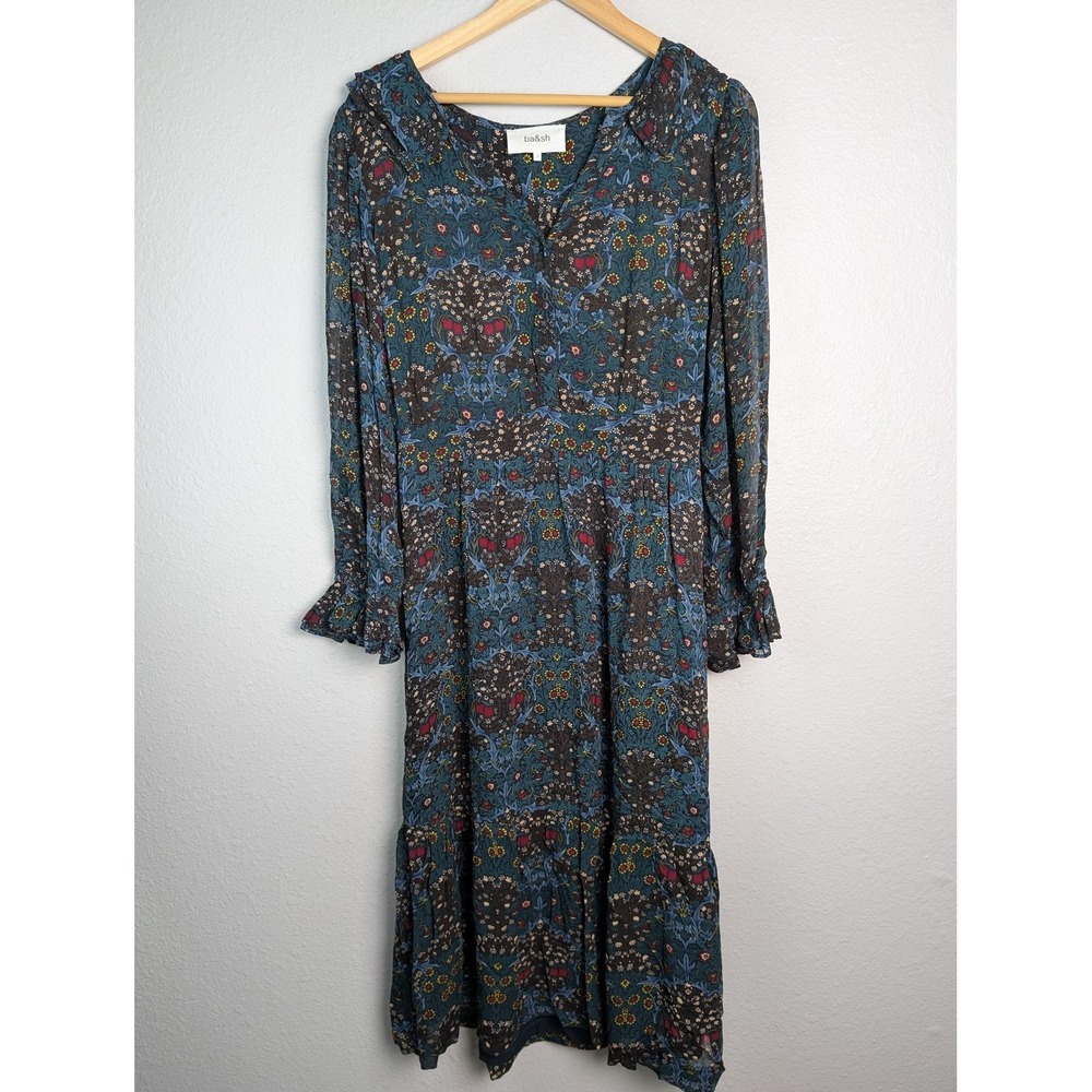 Ba&sh Dress Womens 3 Green Floral V-Neck Long Sleeve Maxi‎ Lined Viscose